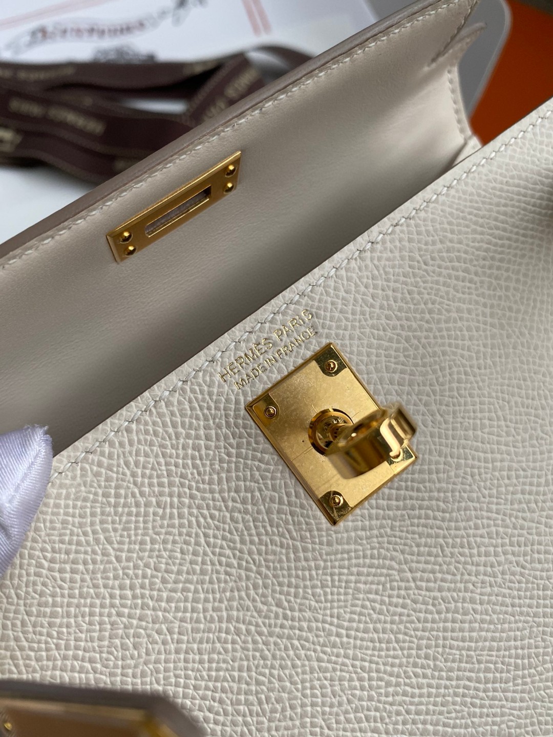Hermes Kelly Mini II Bag Epsom Leather Milkshake White With Gold
