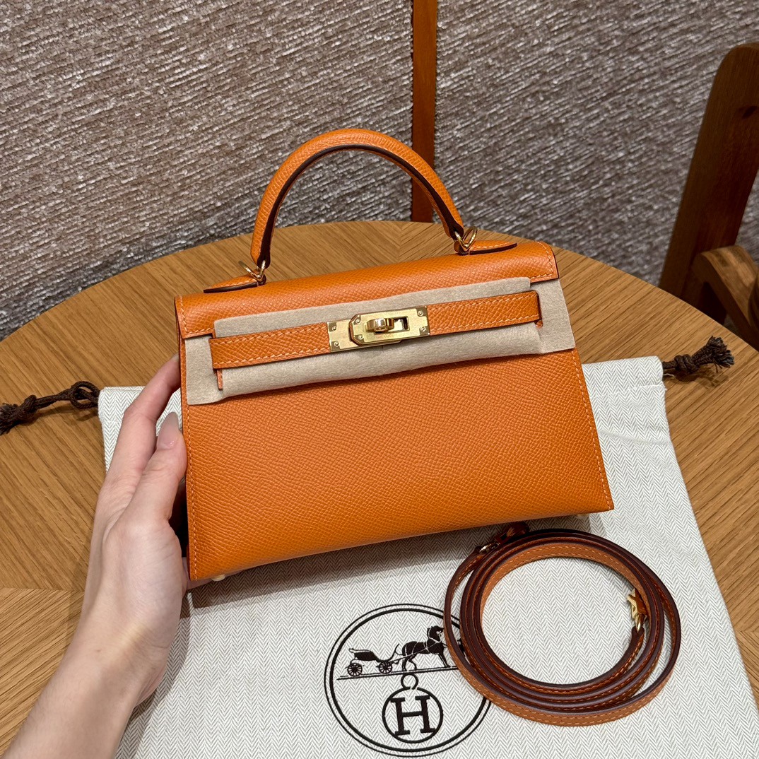 Hermes Kelly Mini II Bag Epsom Leather Orange With Gold
