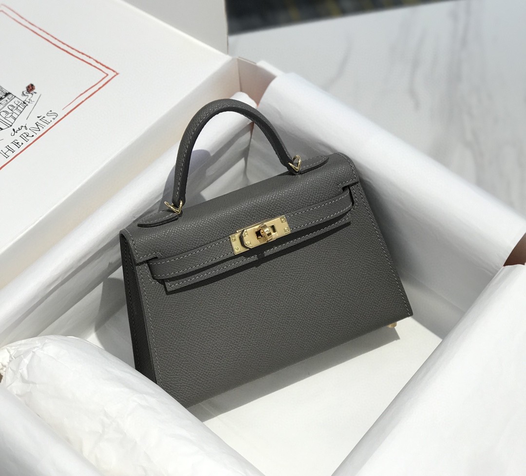 Hermes Kelly Mini II Bag Epsom Leather Pewter Gray With Gold
