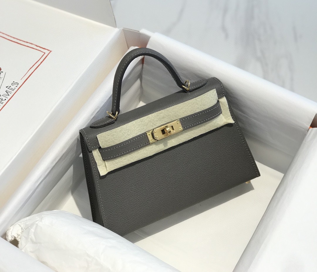 Hermes Kelly Mini II Bag Epsom Leather Pewter Gray With Gold