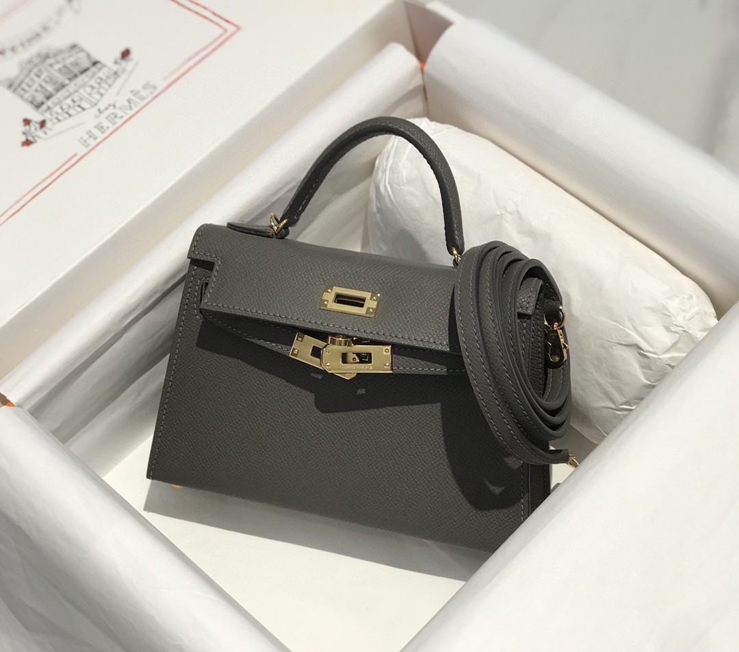 Hermes Kelly Mini II Bag Epsom Leather Pewter Gray With Gold
