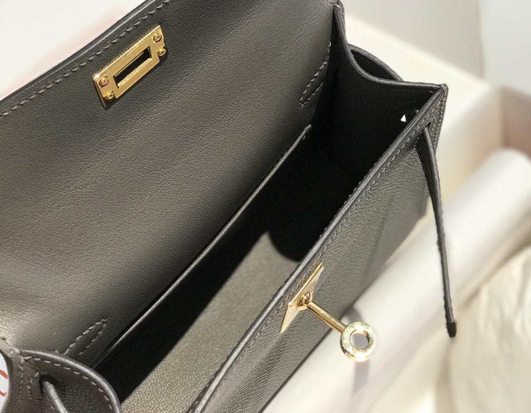 Hermes Kelly Mini II Bag Epsom Leather Pewter Gray With Gold