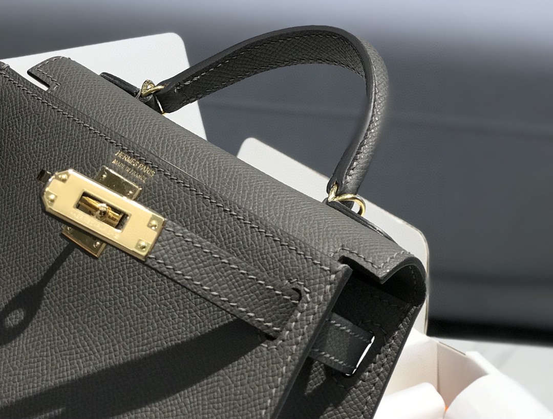 Hermes Kelly Mini II Bag Epsom Leather Pewter Gray With Gold