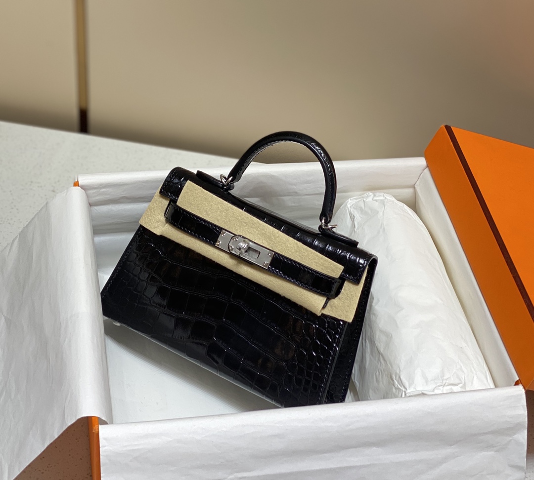 Hermes Mini Kelly 19cm Black Crocodile