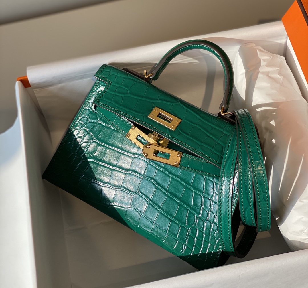 Hermes Mini Kelly 19cm Emerald Crocodile