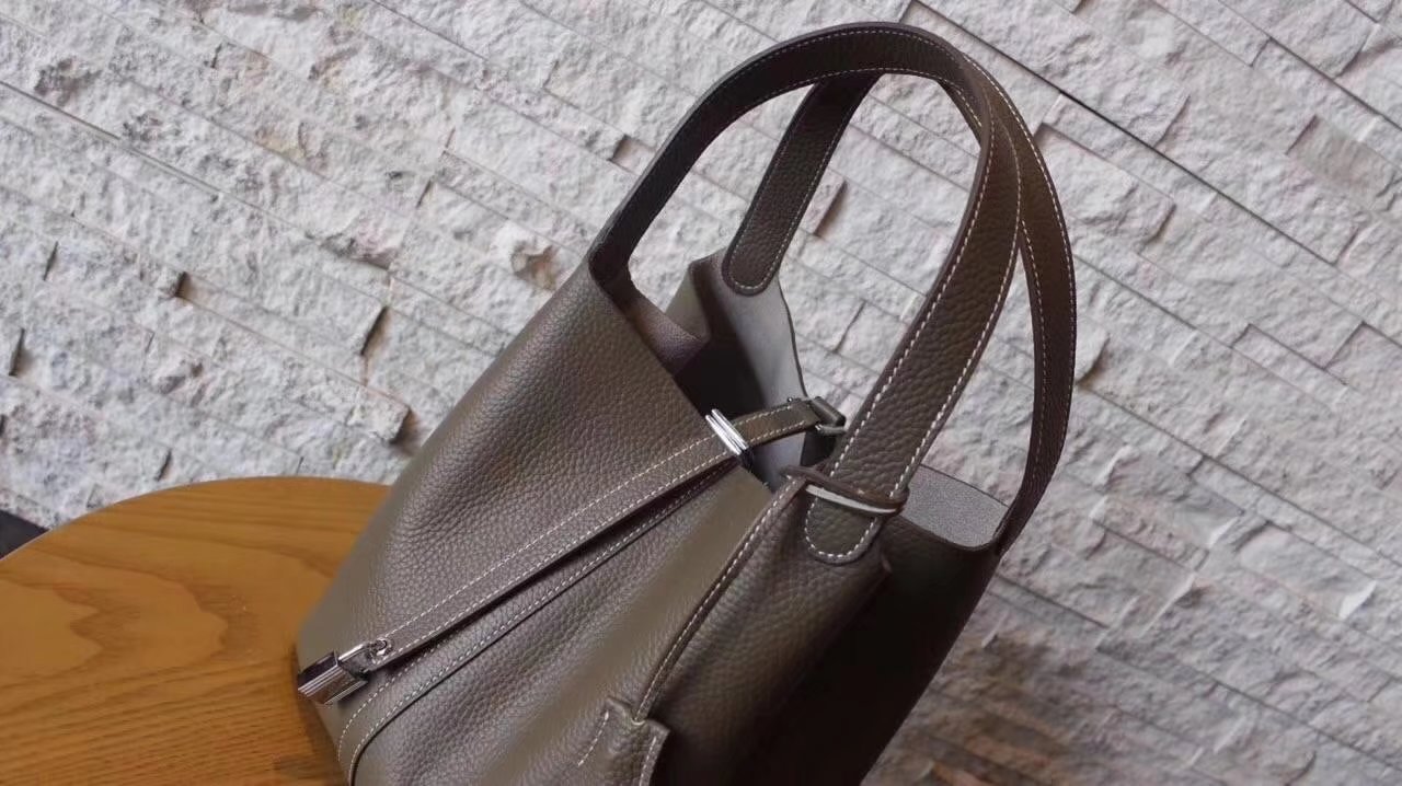 Hermes Picotin Lock Silver Leather Bag Grey