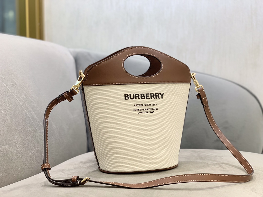 High End Burberry Small Two-tone Canvas and Leather Pocket Bucket Bag Brown