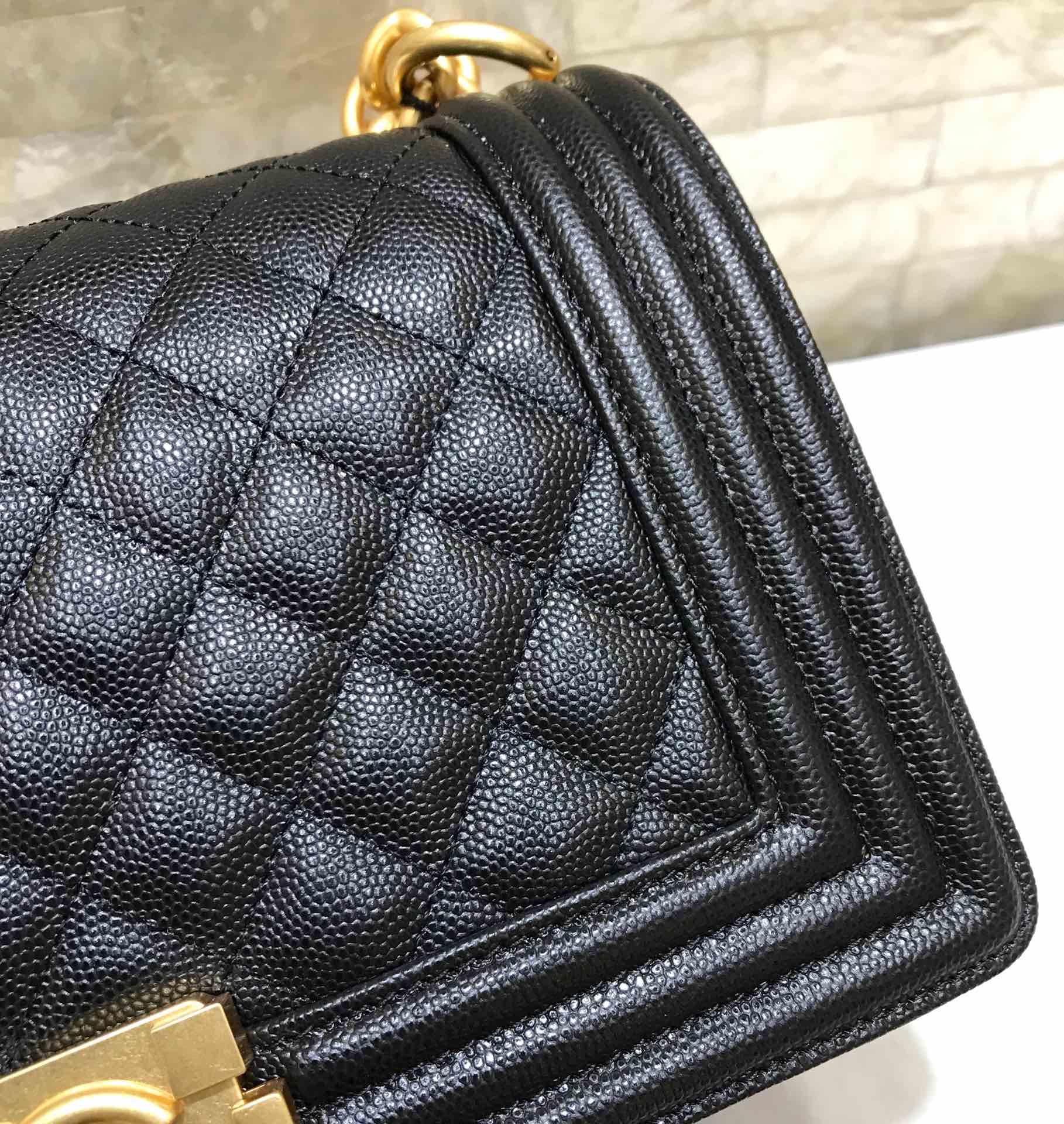 High Quality Chanel Boy Chanel Handbag Black Grained Calfskin Gold-Tone Metal