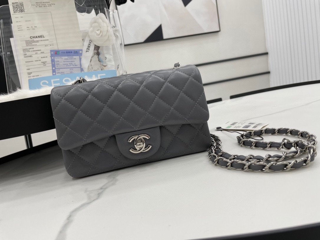 Hot Sale Chanel Classic Flap Sheepskin Shoulder Bag 20Cm For Ladies Darl Gray Wiht Gold