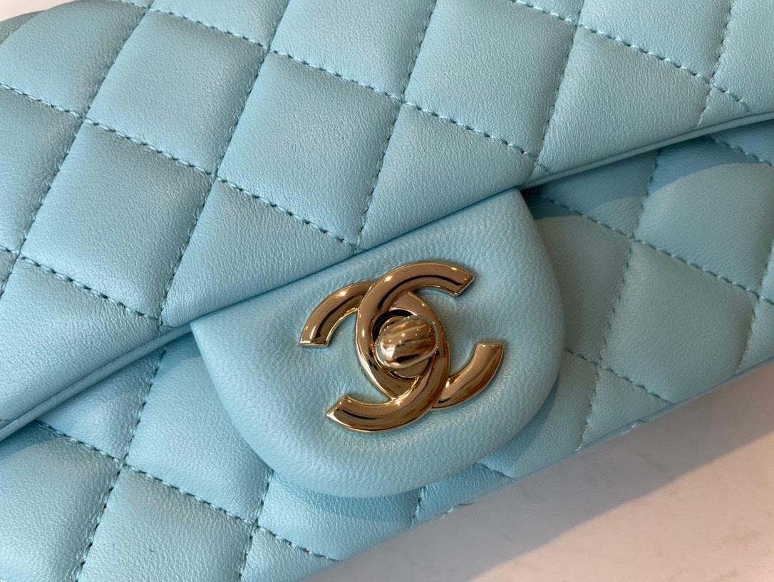 Hot Sale Chanel Classic Flap Sheepskin Shoulder Bag 20Cm For Ladies Lake Blue Wiht Gold