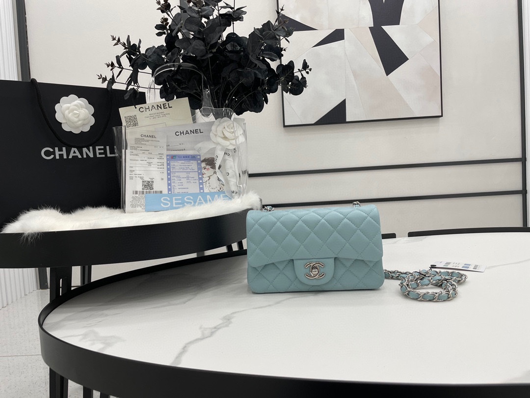 Hot Sale Chanel Classic Flap Sheepskin Shoulder Bag 20Cm For Ladies Light Blue Wiht Gold