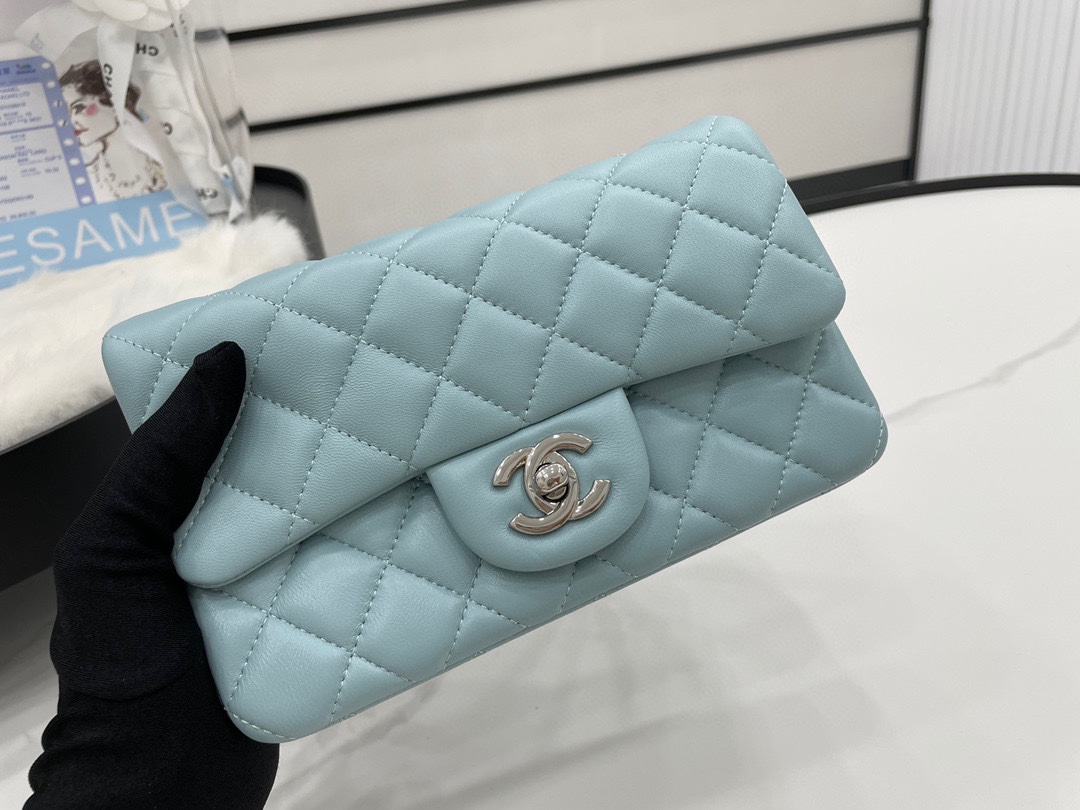 Hot Sale Chanel Classic Flap Sheepskin Shoulder Bag 20Cm For Ladies Light Blue Wiht Gold