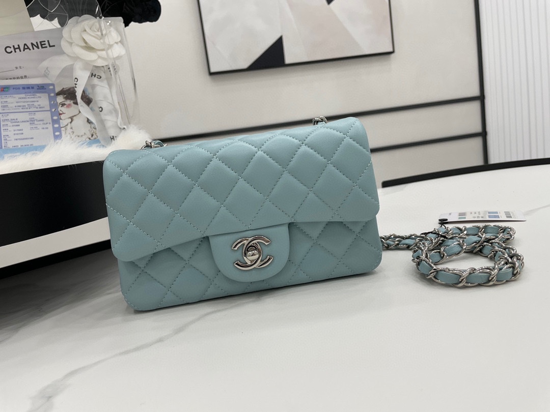 Hot Sale Chanel Classic Flap Sheepskin Shoulder Bag 20Cm For Ladies Light Blue Wiht Gold