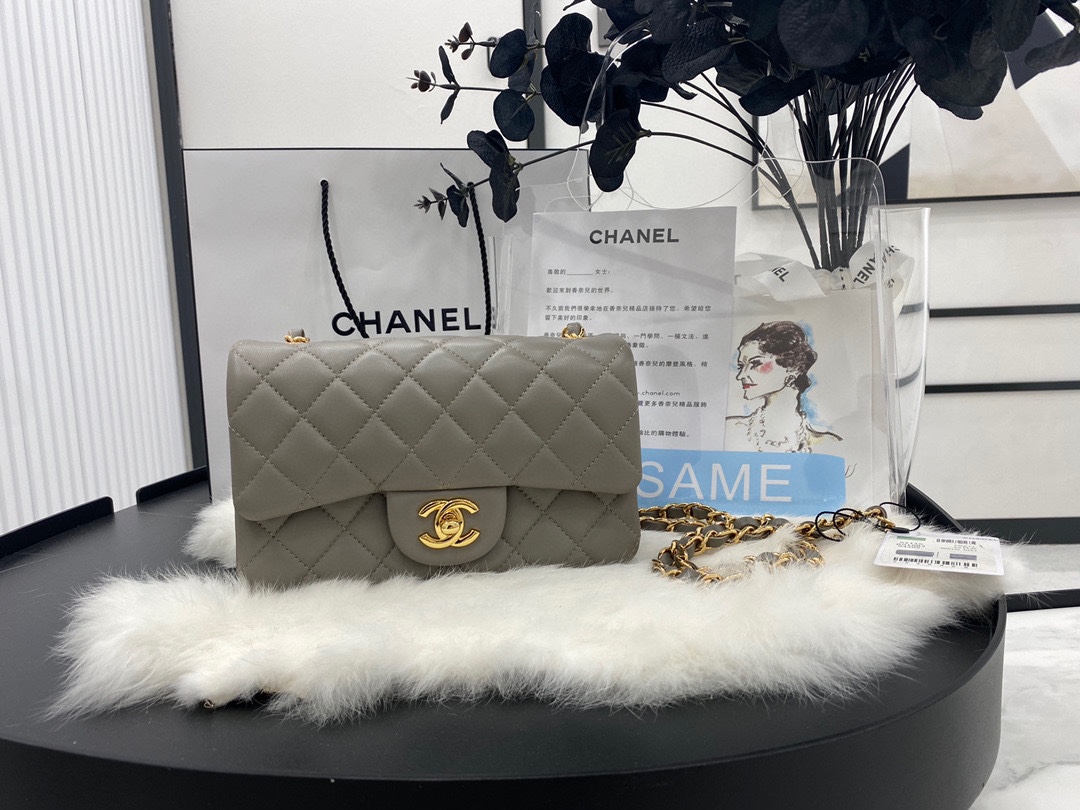 Hot Sale Chanel Classic Flap Sheepskin Shoulder Bag 20Cm For Ladies Light Gray Wiht Gold