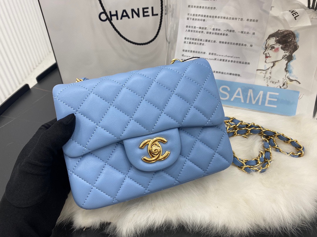 Hot Sale Chanel Classic Flap Sheepskin Small Shoulder Bag 17cm Best Gift Replica Blue With Gold