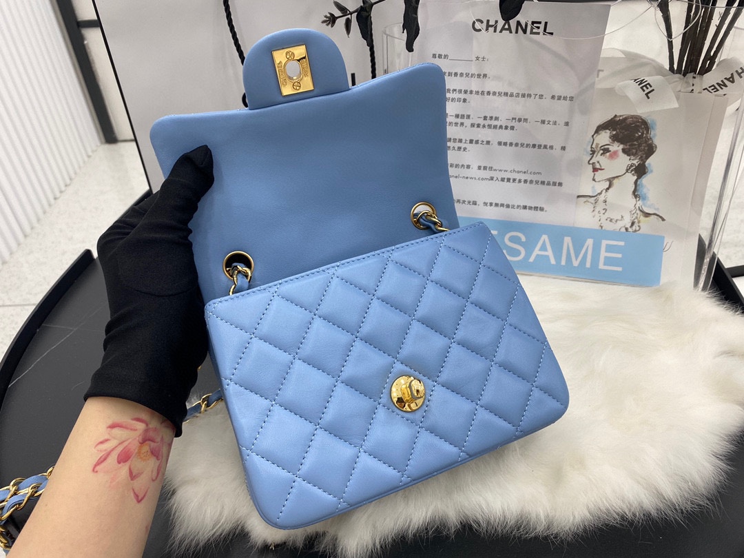 Hot Sale Chanel Classic Flap Sheepskin Small Shoulder Bag 17cm Best Gift Replica Blue With Gold