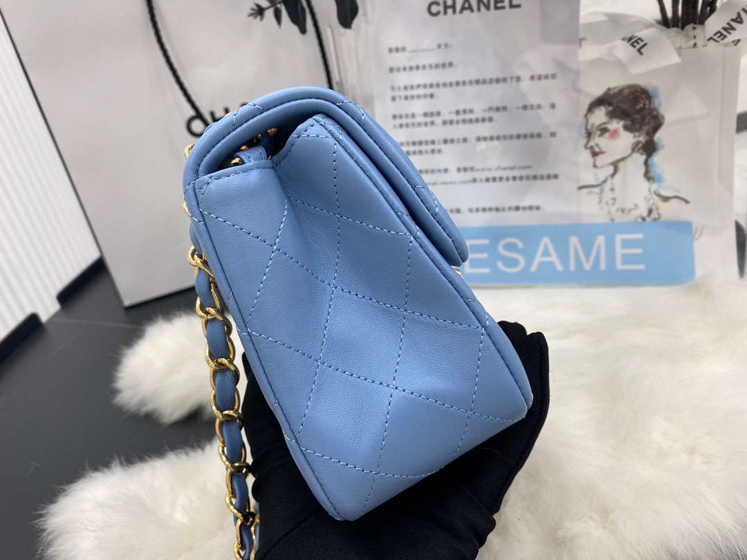 Hot Sale Chanel Classic Flap Sheepskin Small Shoulder Bag 17cm Best Gift Replica Blue With Gold