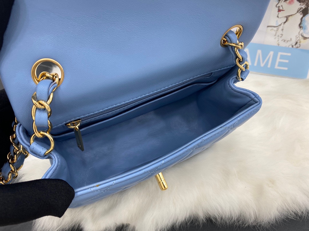 Hot Sale Chanel Classic Flap Sheepskin Small Shoulder Bag 17cm Best Gift Replica Blue With Gold