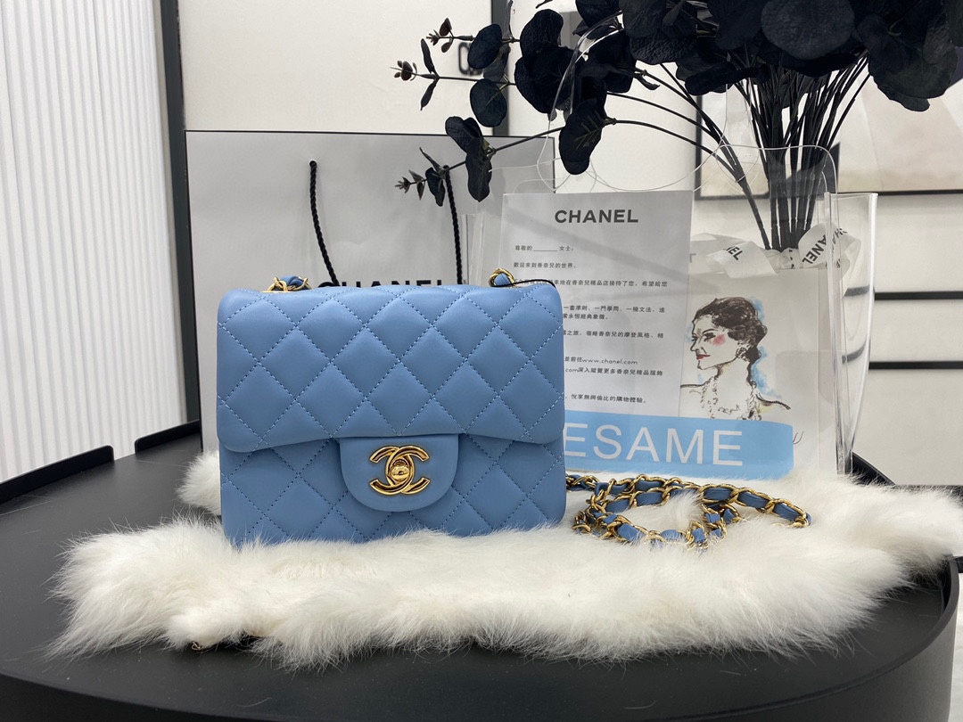 Hot Sale Chanel Classic Flap Sheepskin Small Shoulder Bag 17cm Best Gift Replica Blue With Gold