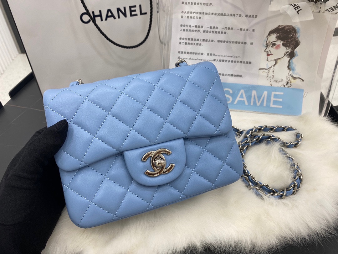 Hot Sale Chanel Classic Flap Sheepskin Small Shoulder Bag 17cm Best Gift Replica Blue With Sliver