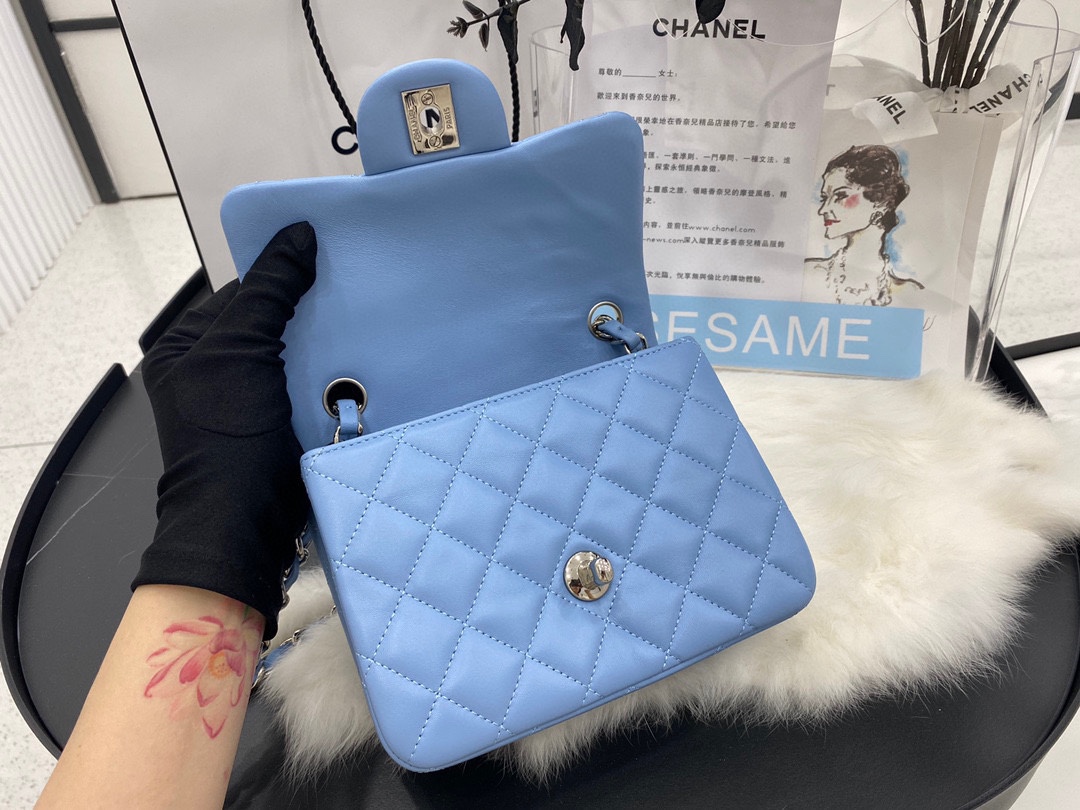 Hot Sale Chanel Classic Flap Sheepskin Small Shoulder Bag 17cm Best Gift Replica Blue With Sliver