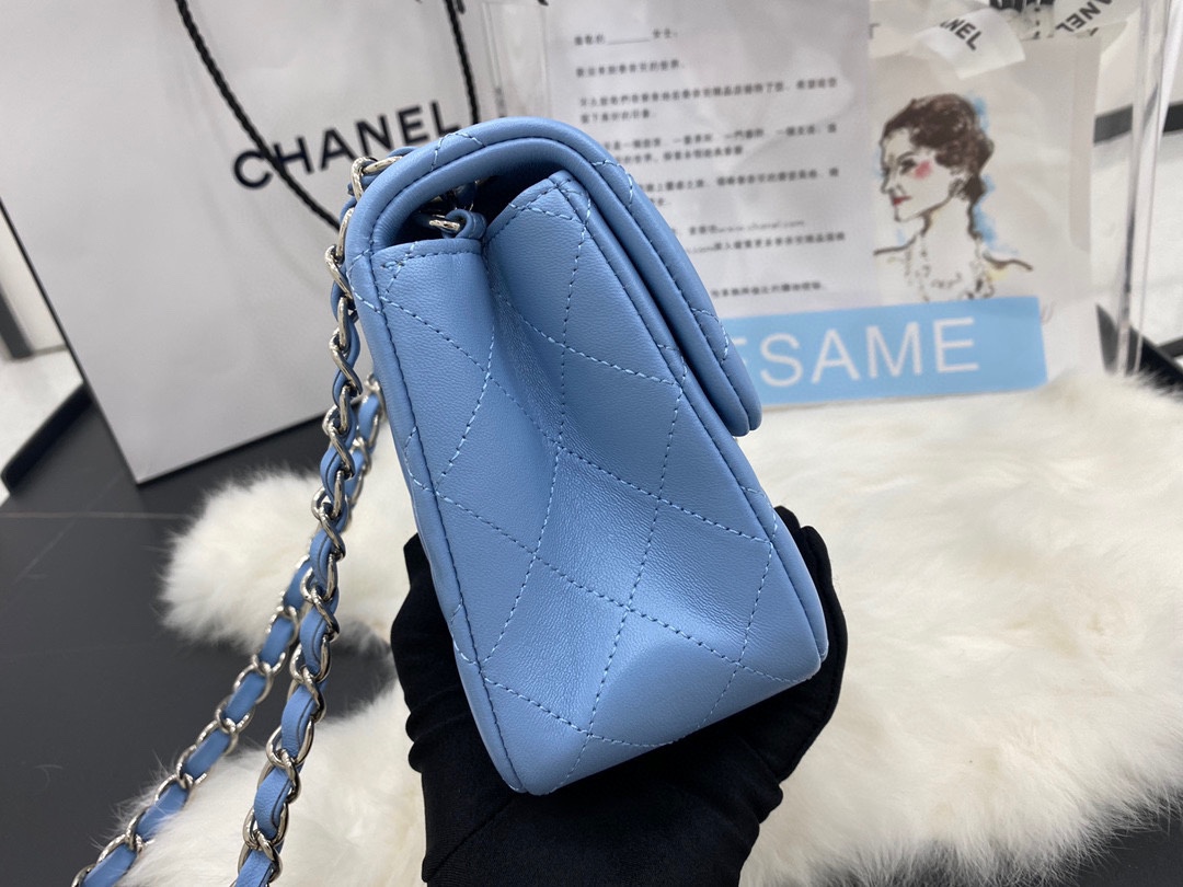 Hot Sale Chanel Classic Flap Sheepskin Small Shoulder Bag 17cm Best Gift Replica Blue With Sliver