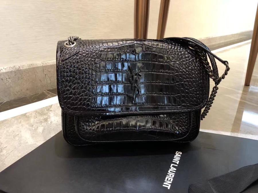 Hot Sell Saint Laurent Niki Baby In Crocodile Embossed Patent Leather Black