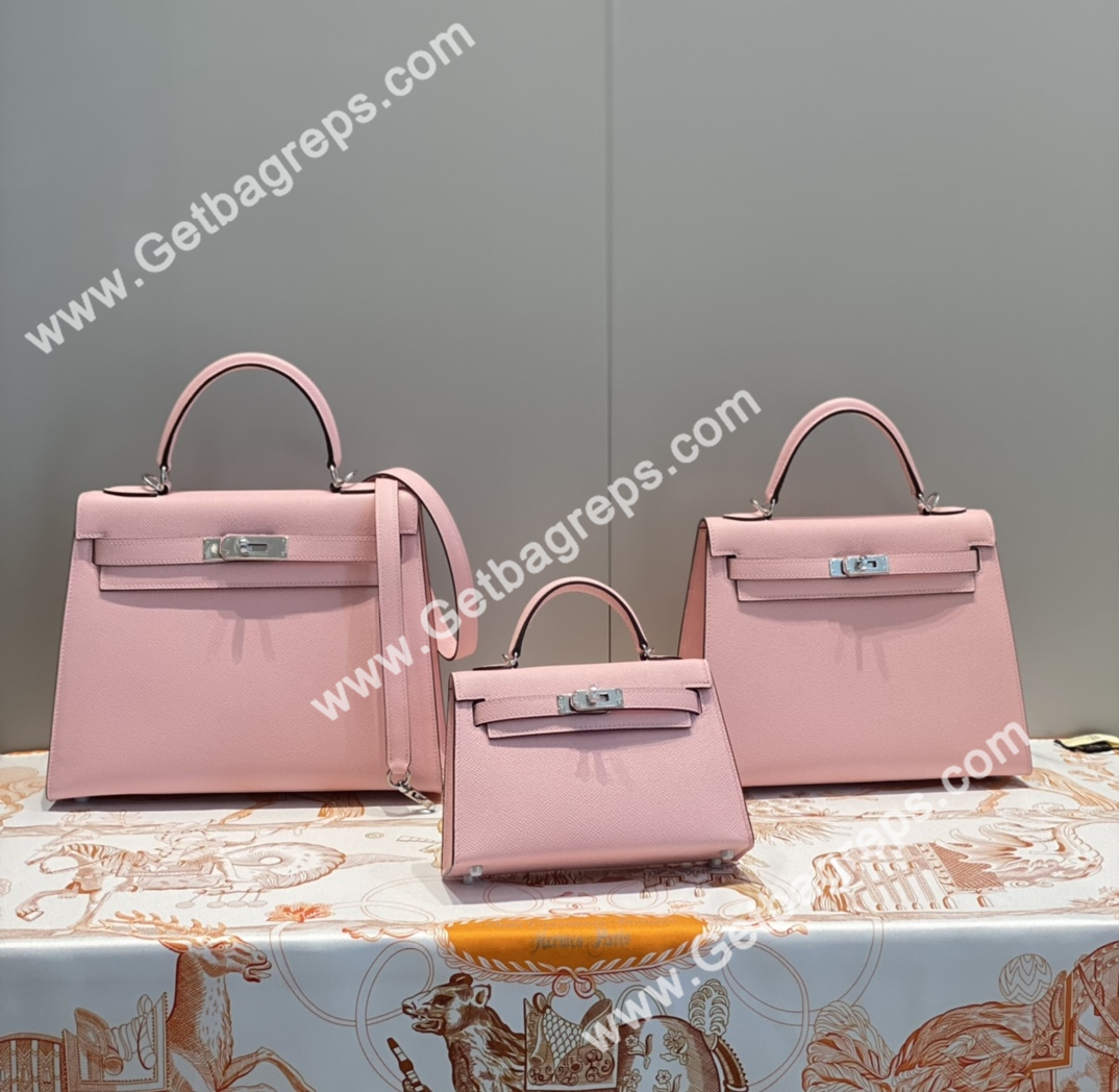 Kelly 19cm 25cm 28cm Epsom 3Q Pink With Silver