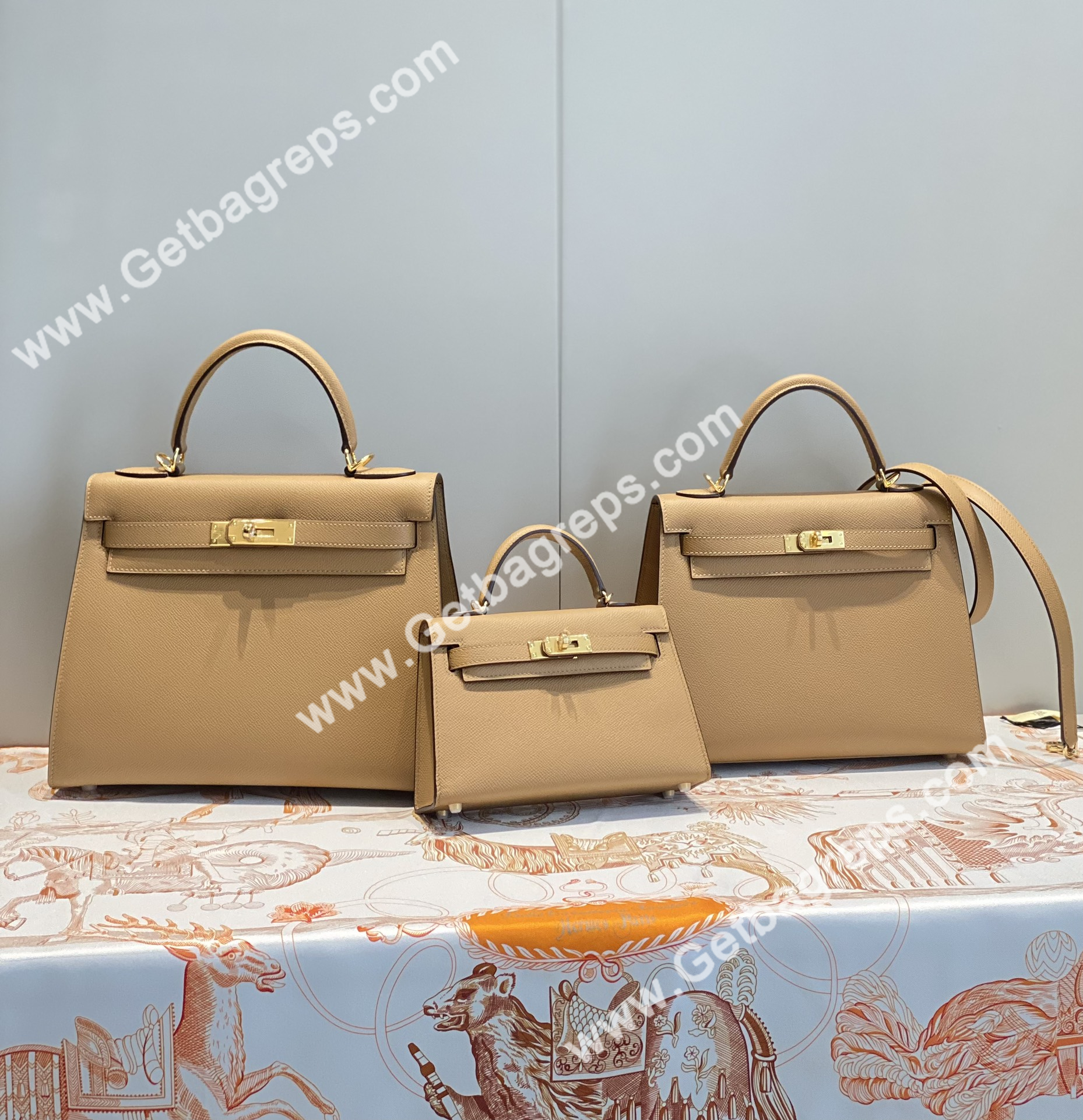 Kelly 19cm 25cm 28cm Epsom Light Brown With Silver