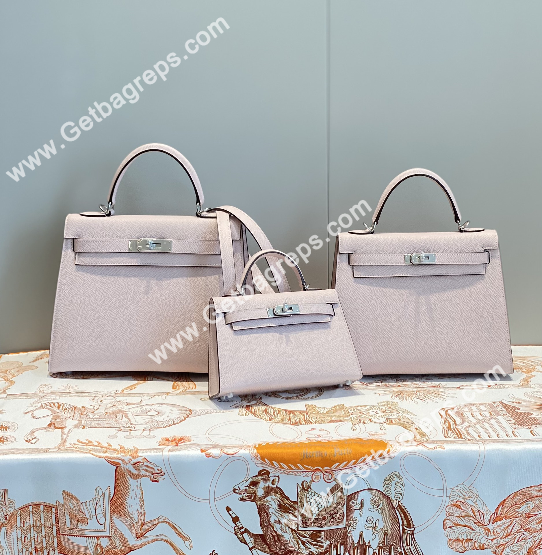 Kelly 19cm 25cm 28cm Epsom Macaroon With Silver