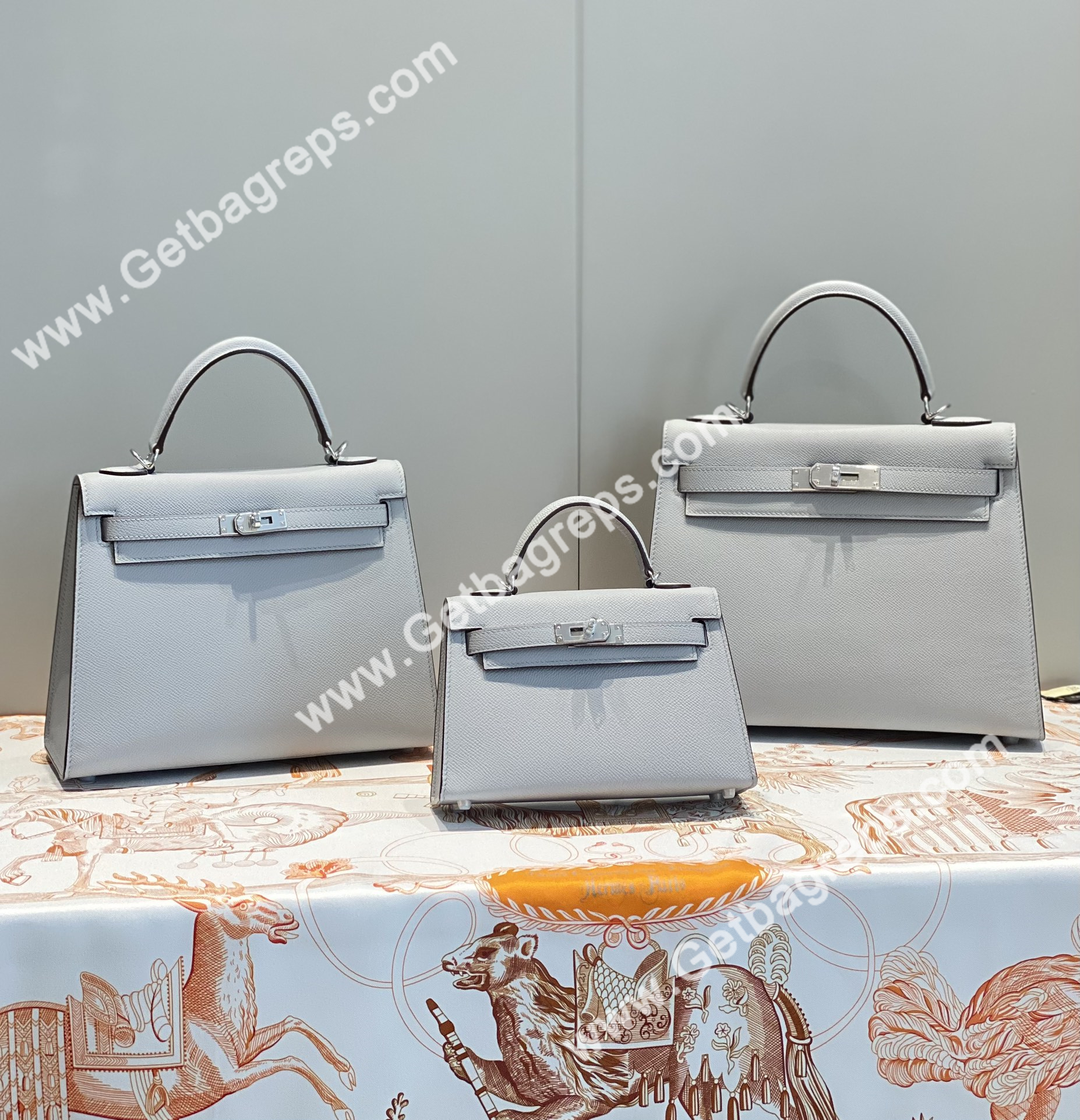 Kelly 19cm 25cm 28cm Epsom Seagull Grey With Silver