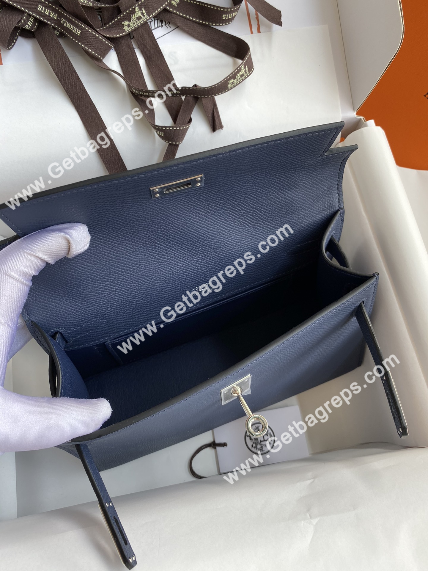 Kelly 22cm Epsom Dark Blue With Silver