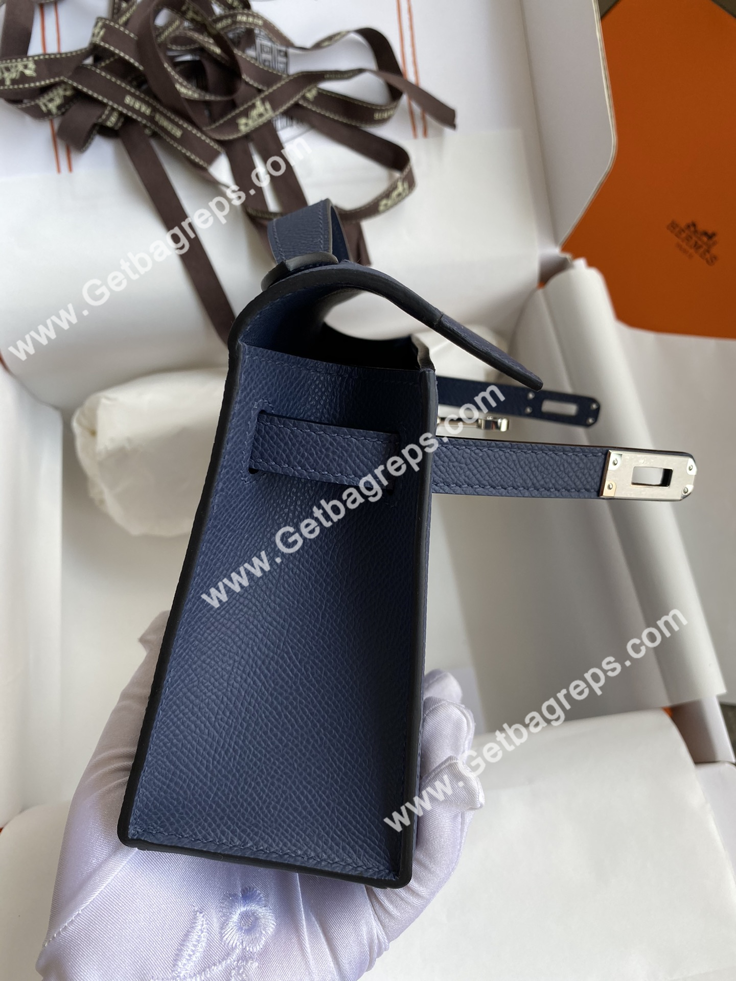 Kelly 22cm Epsom Dark Blue With Silver