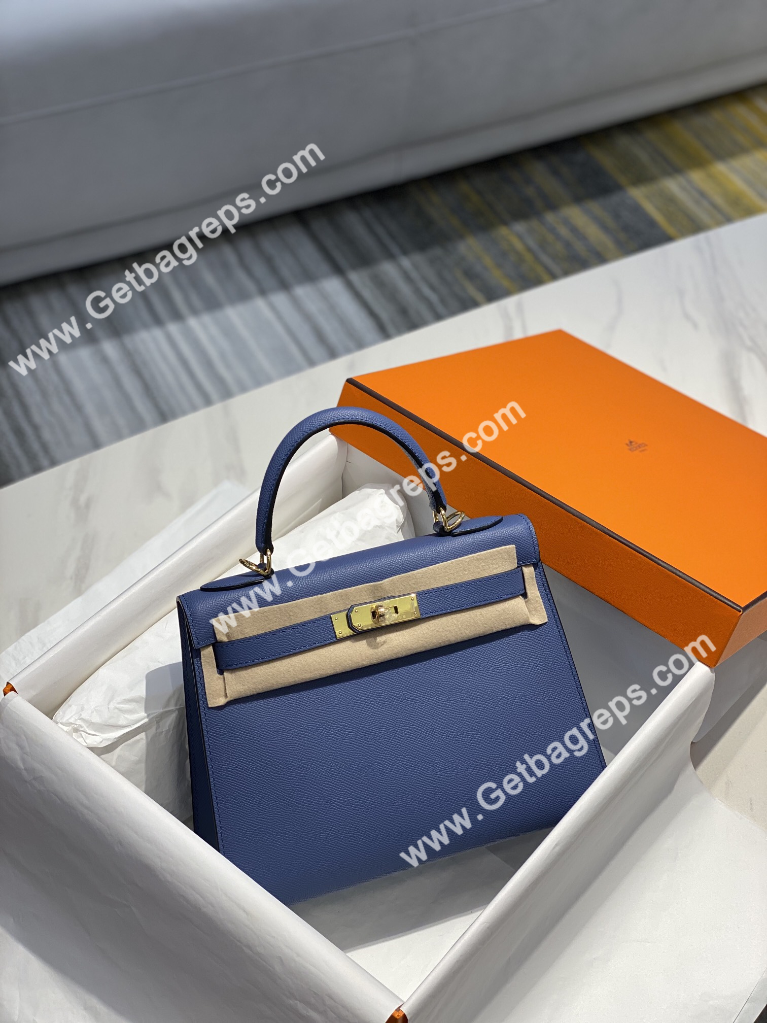 Kelly 25cm 28cm Epsom Agate Blue With Gold