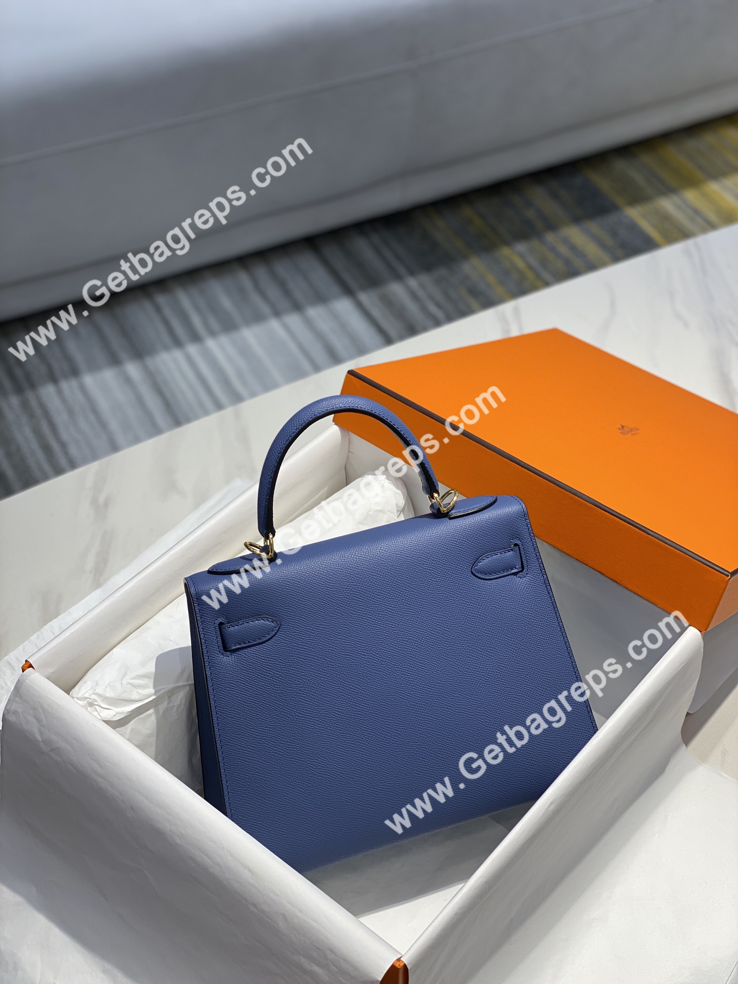 Kelly 25cm 28cm Epsom Agate Blue With Gold