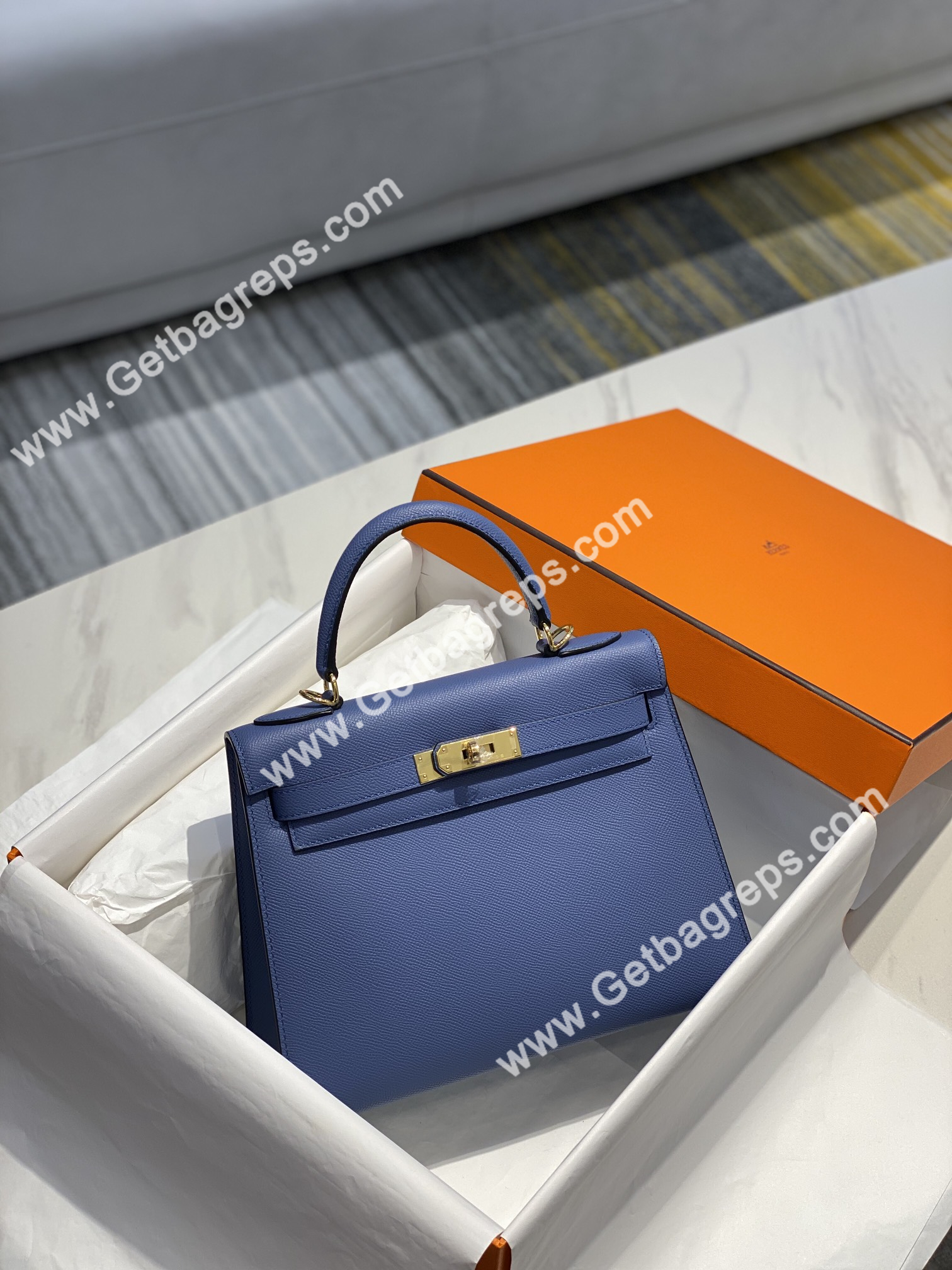 Kelly 25cm 28cm Epsom Agate Blue With Gold