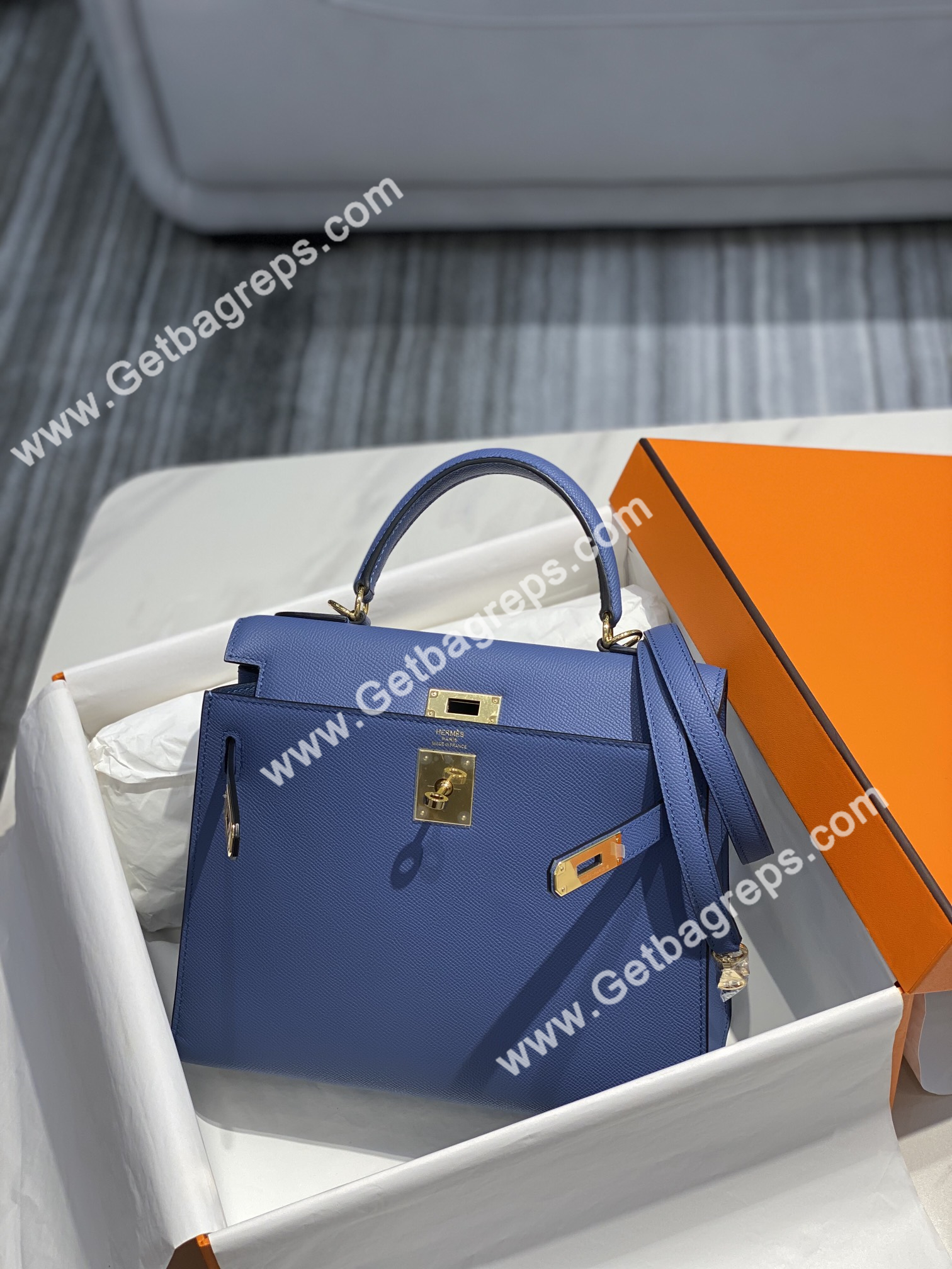 Kelly 25cm 28cm Epsom Agate Blue With Gold