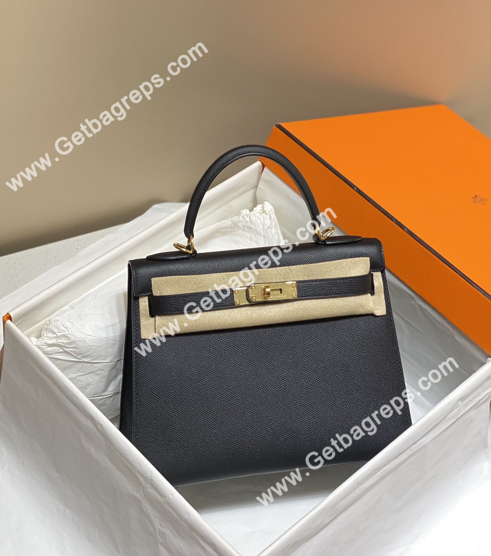 Kelly 25cm 28cm Epsom Black With Gold