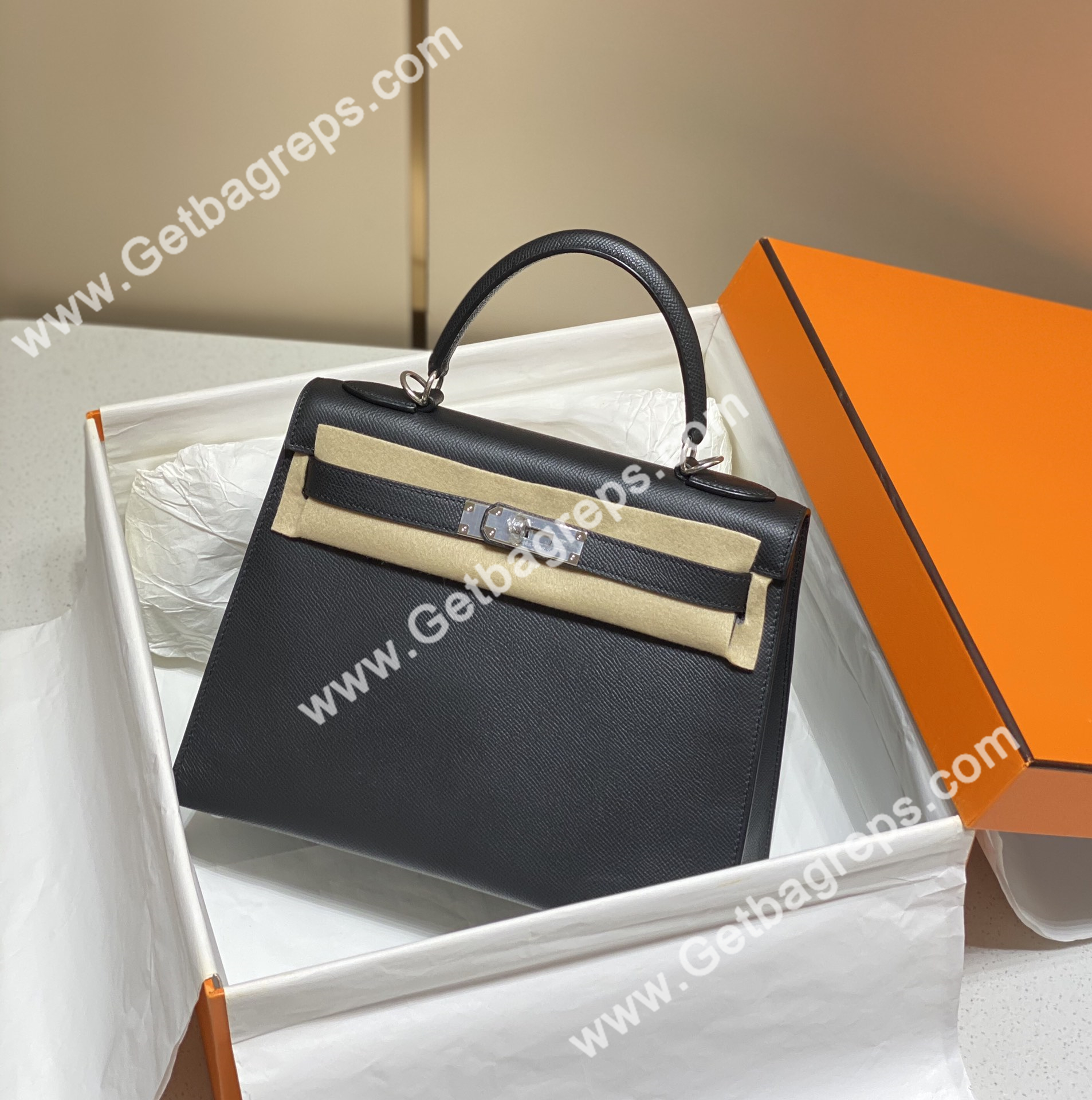 Kelly 25cm 28cm Epsom Black With Silver