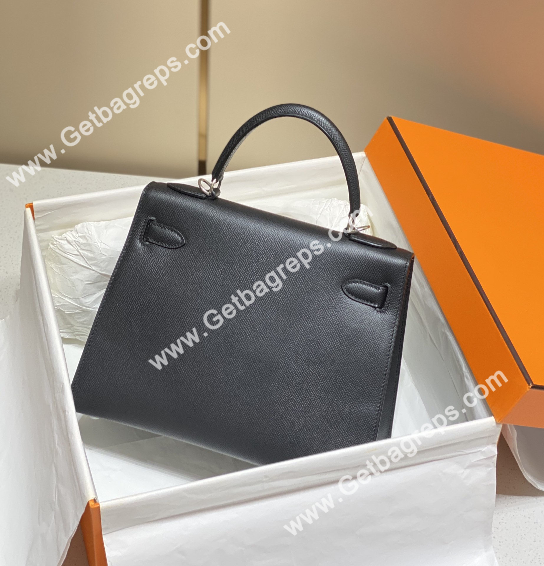 Kelly 25cm 28cm Epsom Black With Silver