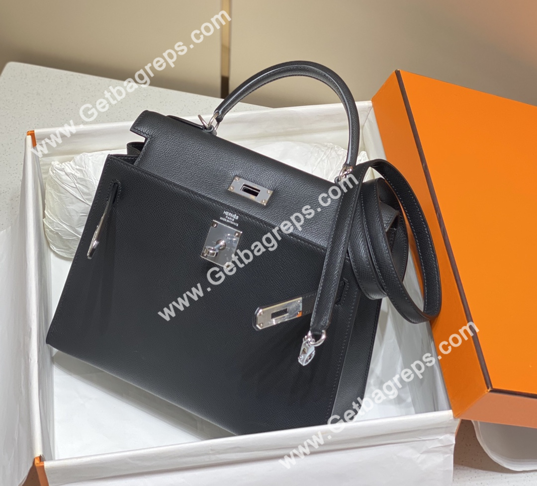 Kelly 25cm 28cm Epsom Black With Silver