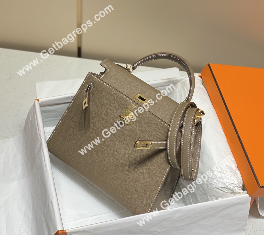 Kelly 25cm Epsom Elephant Grey With Gold