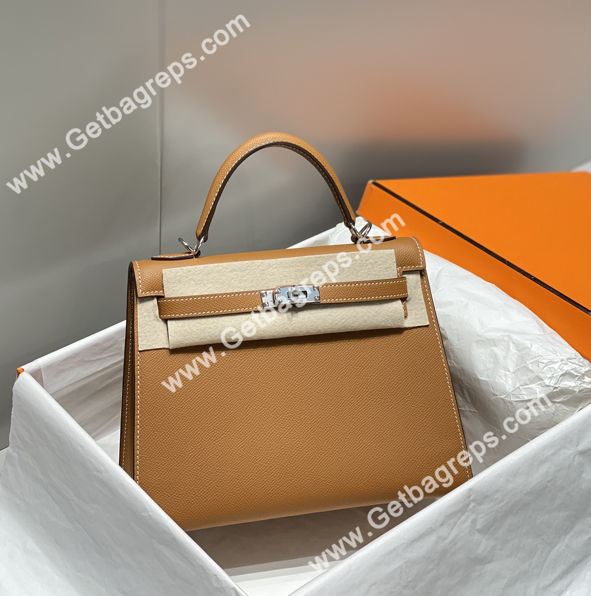 Kelly 25cm Epsom Gold Brown With Silver