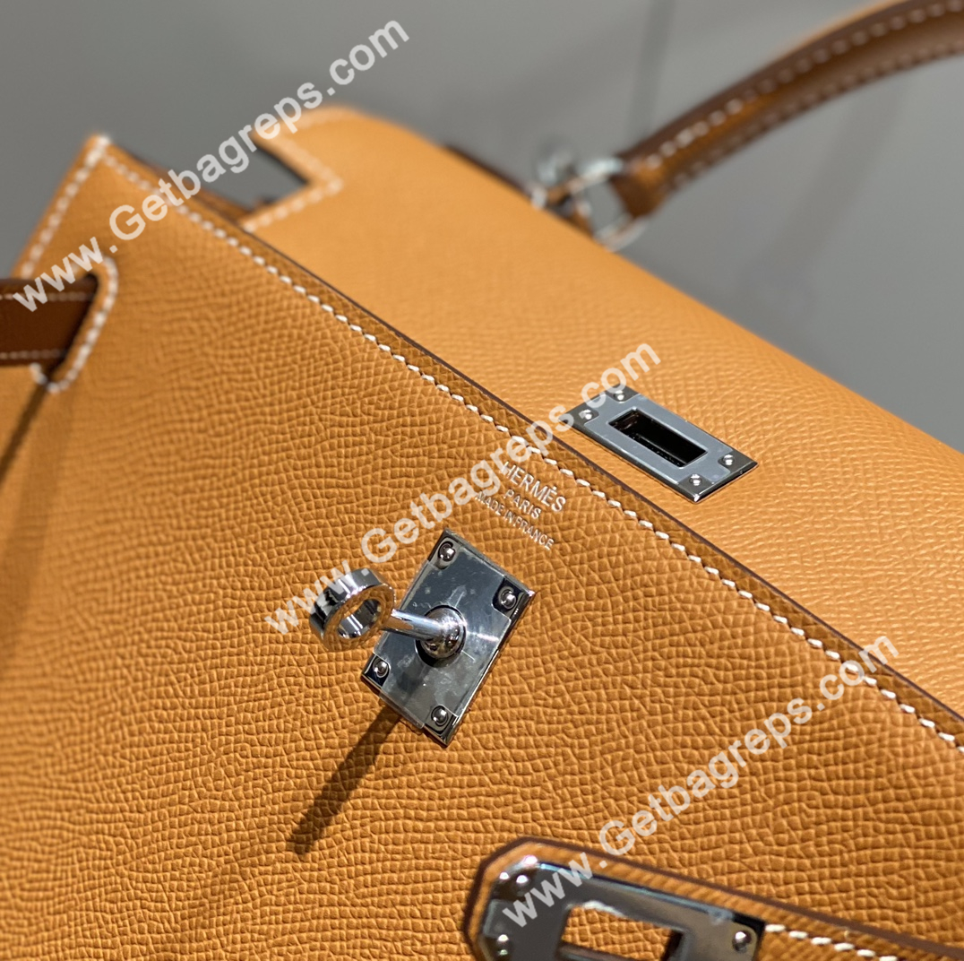 Kelly 25cm Epsom Gold Brown With Silver