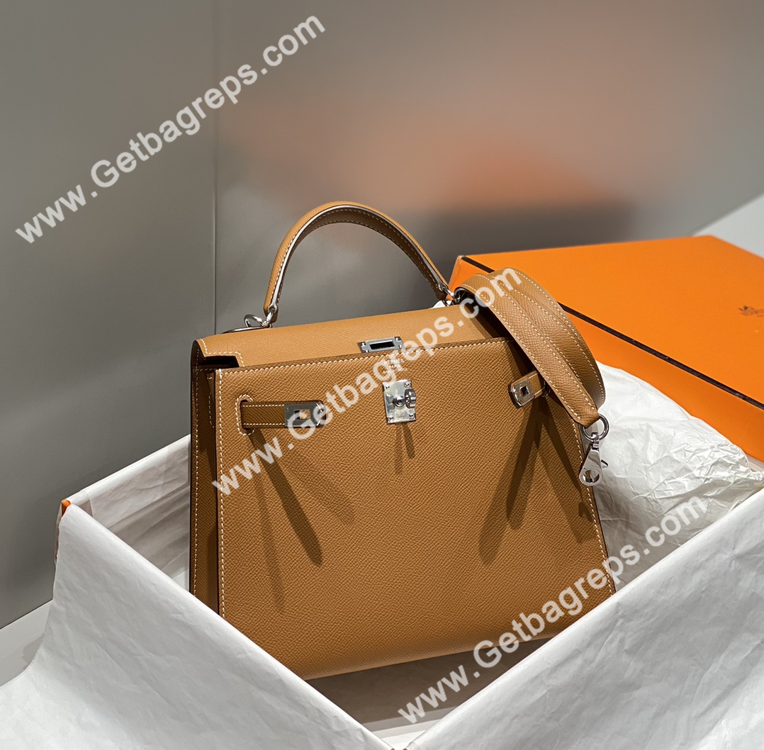Kelly 25cm Epsom Gold Brown With Silver