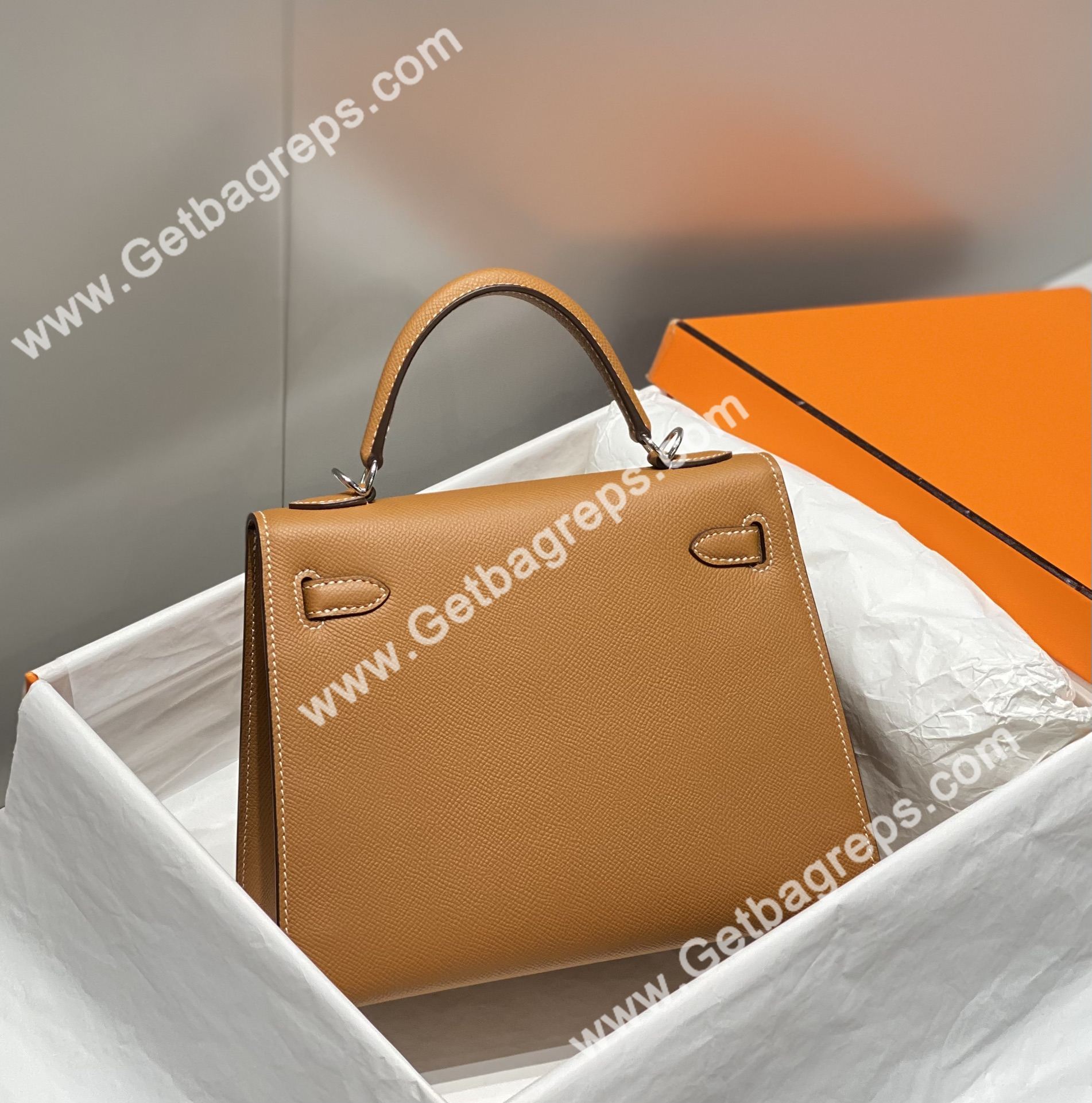 Kelly 25cm Epsom Gold Brown With Silver
