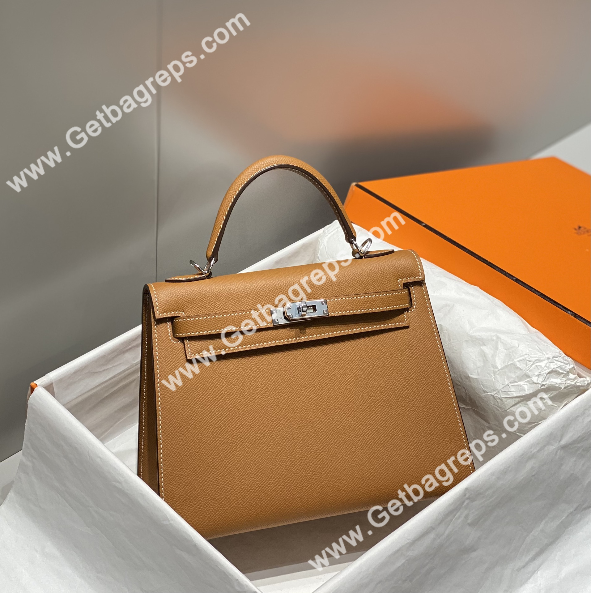 Kelly 25cm Epsom Gold Brown With Silver