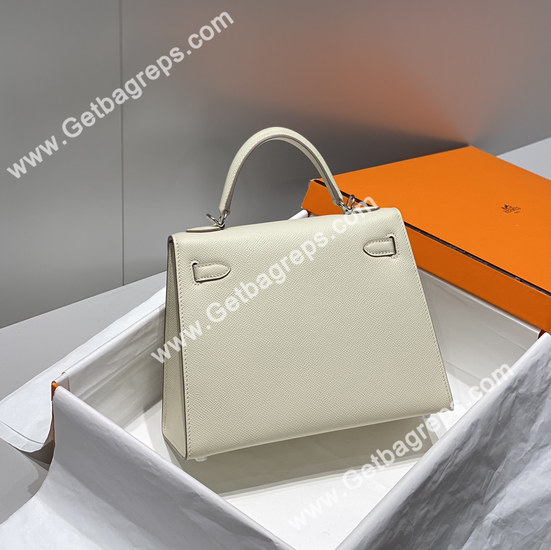 Kelly 25cm Epsom Milkshake white With Silver