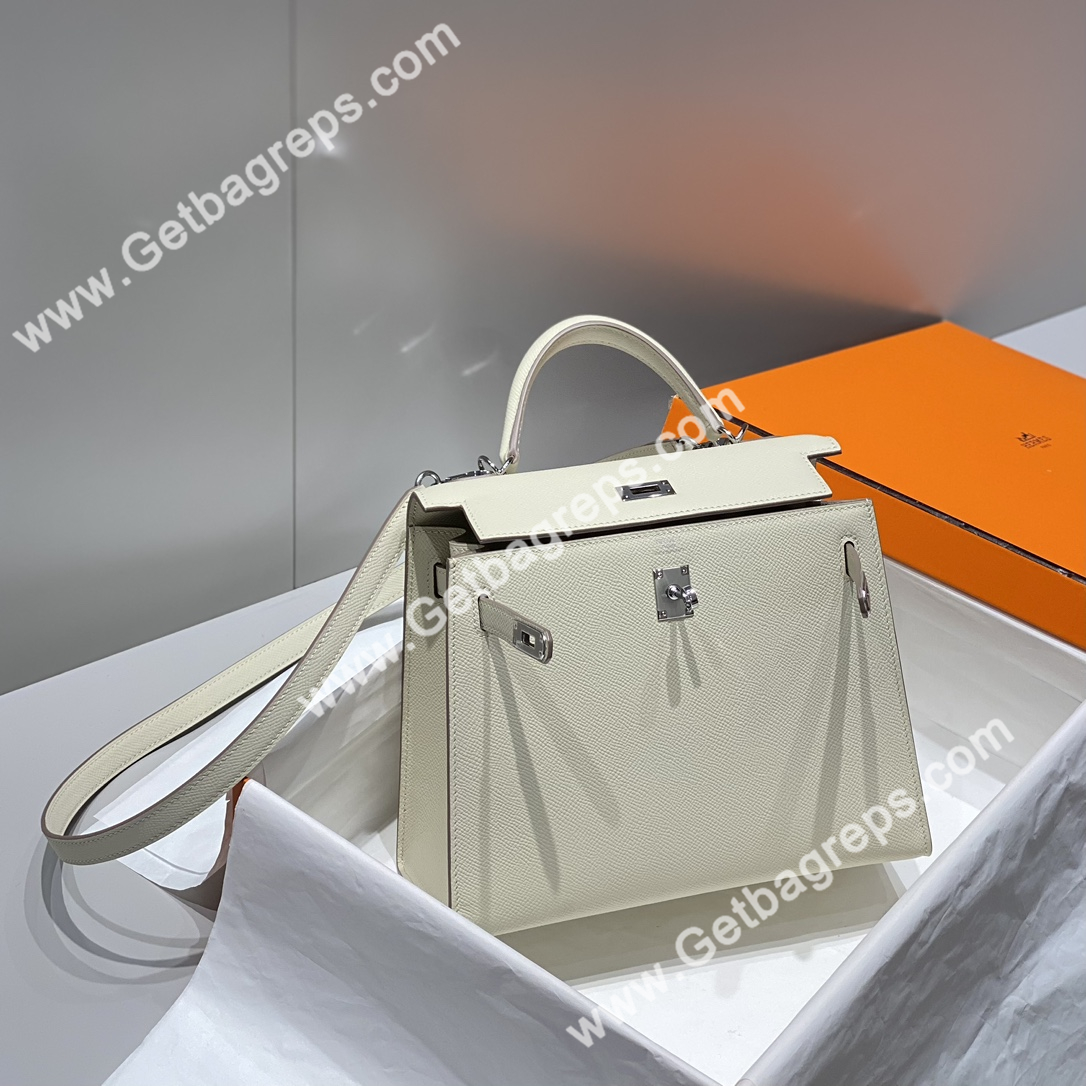 Kelly 25cm Epsom Milkshake white With Silver