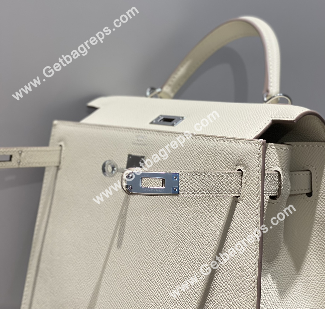 Kelly 25cm Epsom Milkshake white With Silver